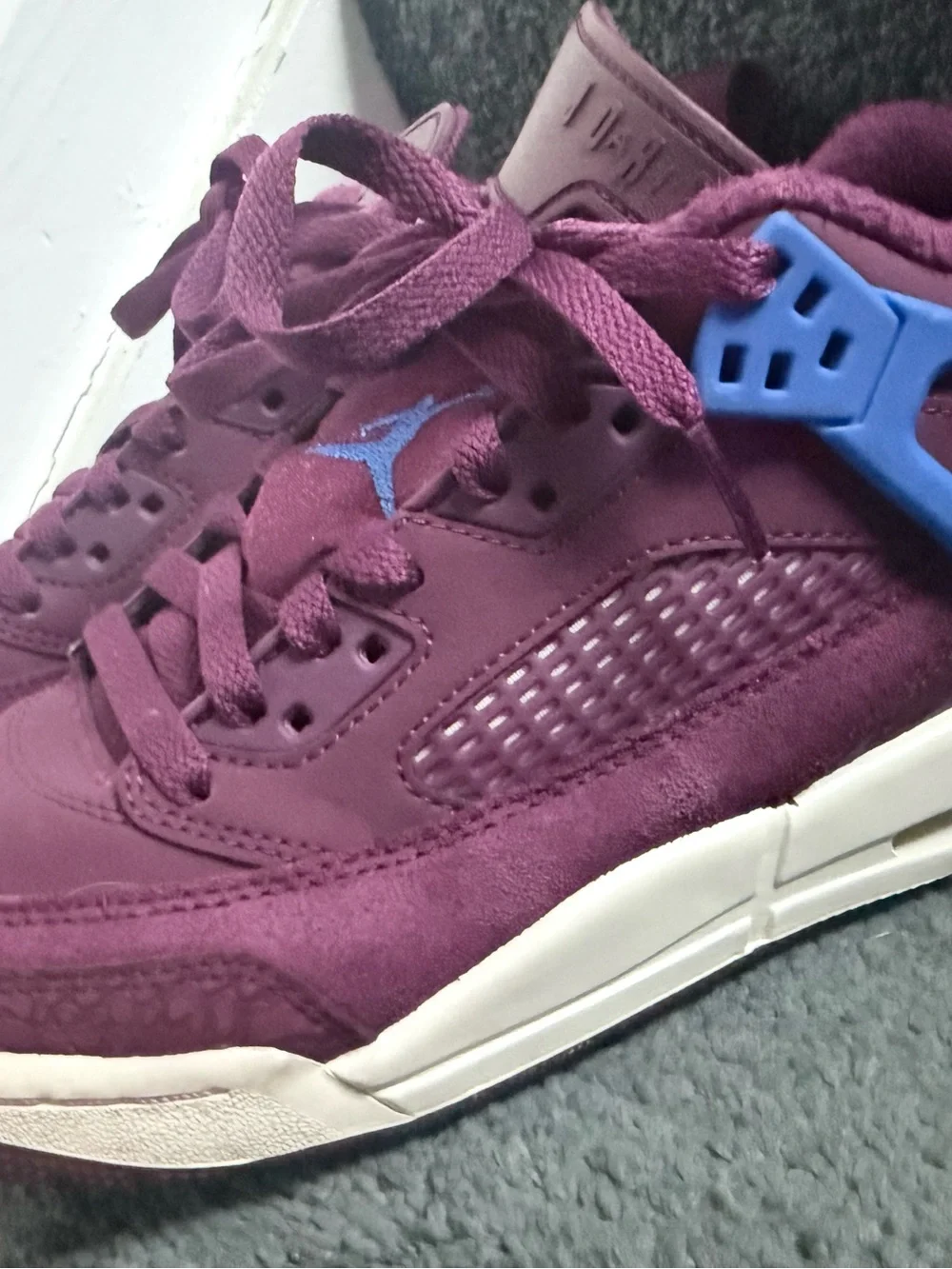 Jordan Kids Burgundy High-Top Sneakers with Blue Accent